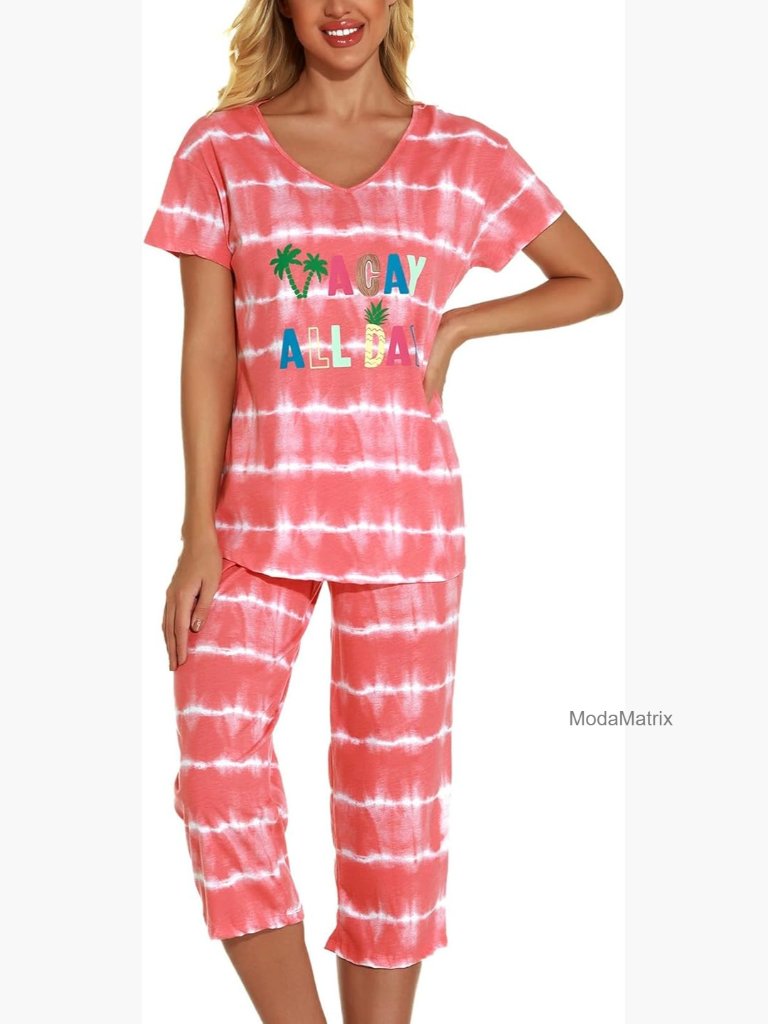 Women's Soft Cotton Capri Pajama Set Short Sleeve 2 Piece Sleepwear